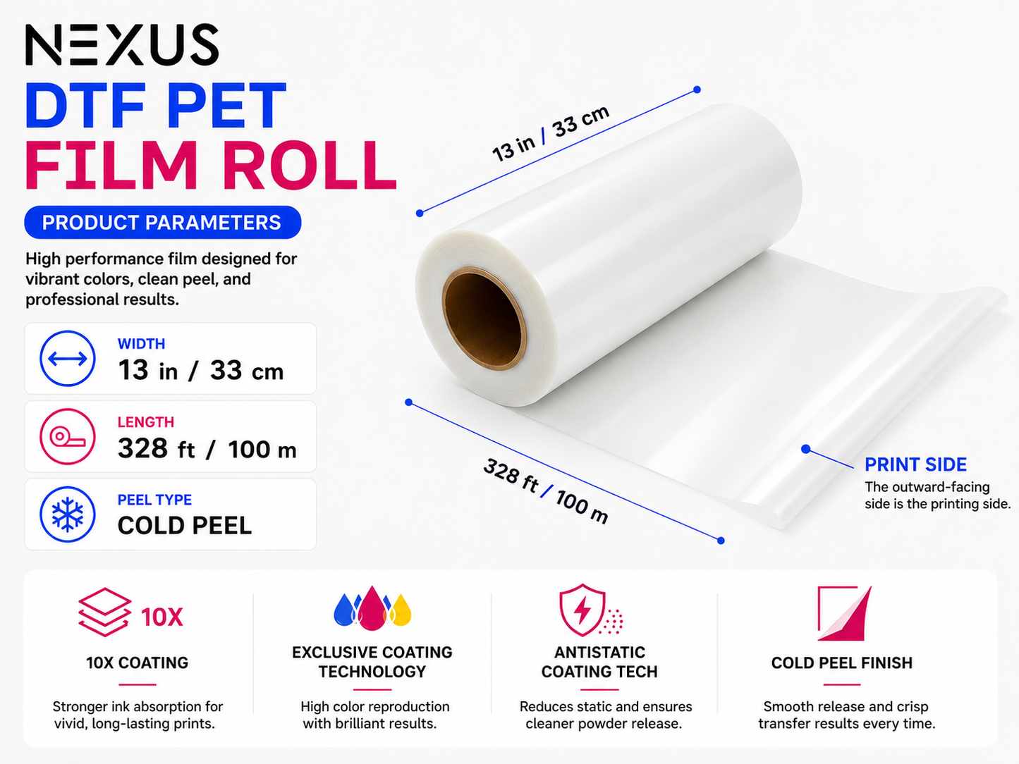 DTF PET Film Roll - 13in x 328ft - Cold Peel & Hot Peel | Double-Coated Premium Film - NEXUS DTF