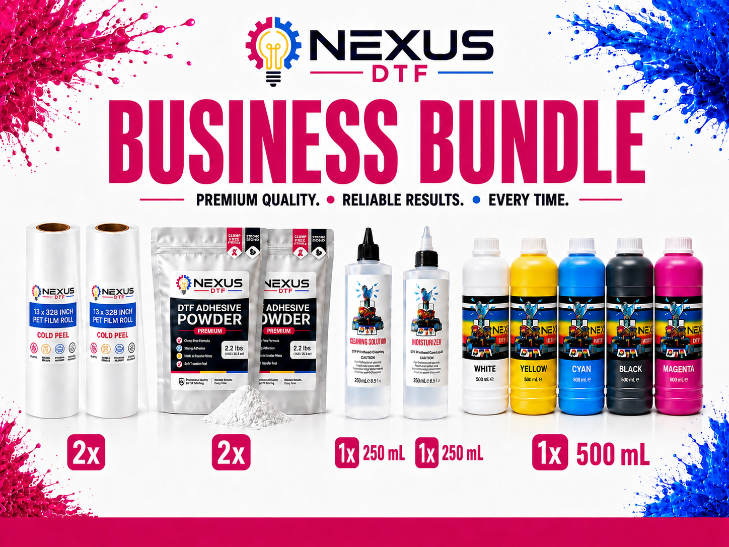 NEXUS DTF Business Bundle with PET film rolls, adhesive powder, cleaning solution, moisturizer, and 500 mL DTF ink set