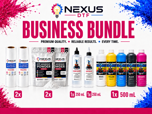 NEXUS DTF Business Bundle with PET film rolls, adhesive powder, cleaning solution, moisturizer, and 500 mL DTF ink set