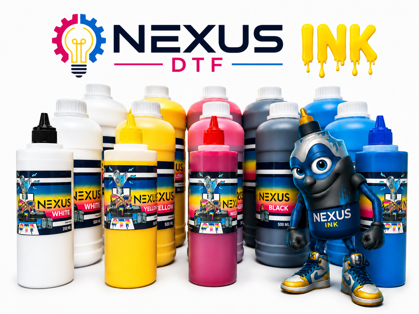 NEXUS DTF ink bottles in CMYK and white for direct-to-film printers with NEXUS Ink character