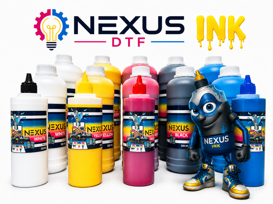 NEXUS DTF ink bottles in CMYK and white for direct-to-film printers with NEXUS Ink character