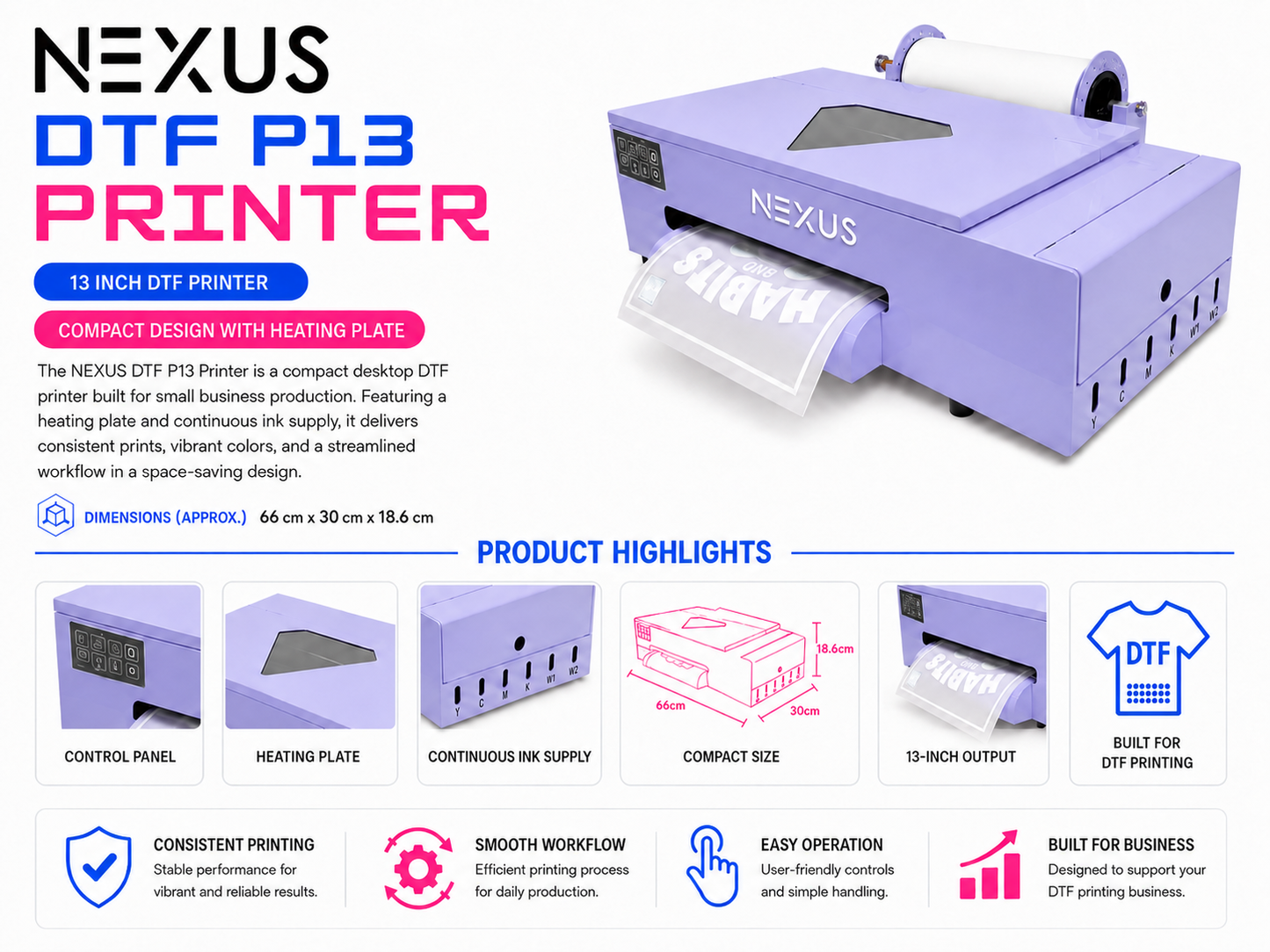 NEXUS DTF P13 13-inch lavender desktop DTF printer with heating plate and continuous ink supply