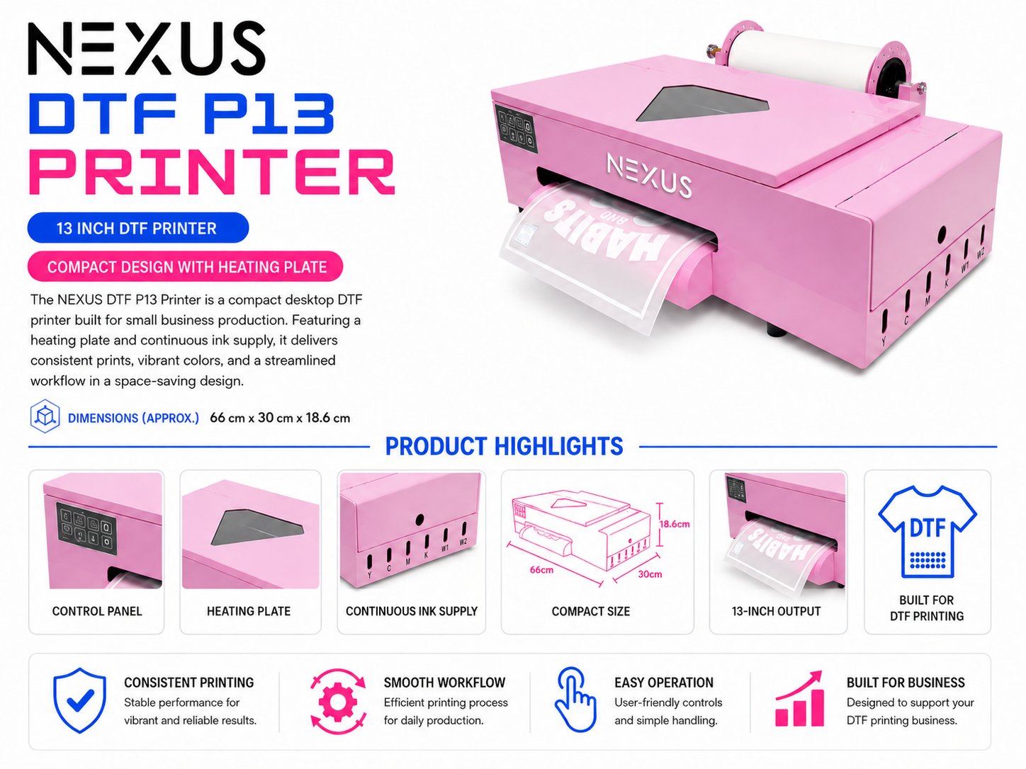 NEXUS DTF P13 13-inch pink desktop DTF printer with heating plate and continuous ink supply