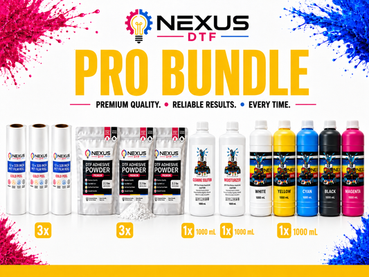 NEXUS DTF Pro Bundle with PET film rolls, adhesive powder, cleaning solution, moisturizer, and 1000 mL DTF ink set