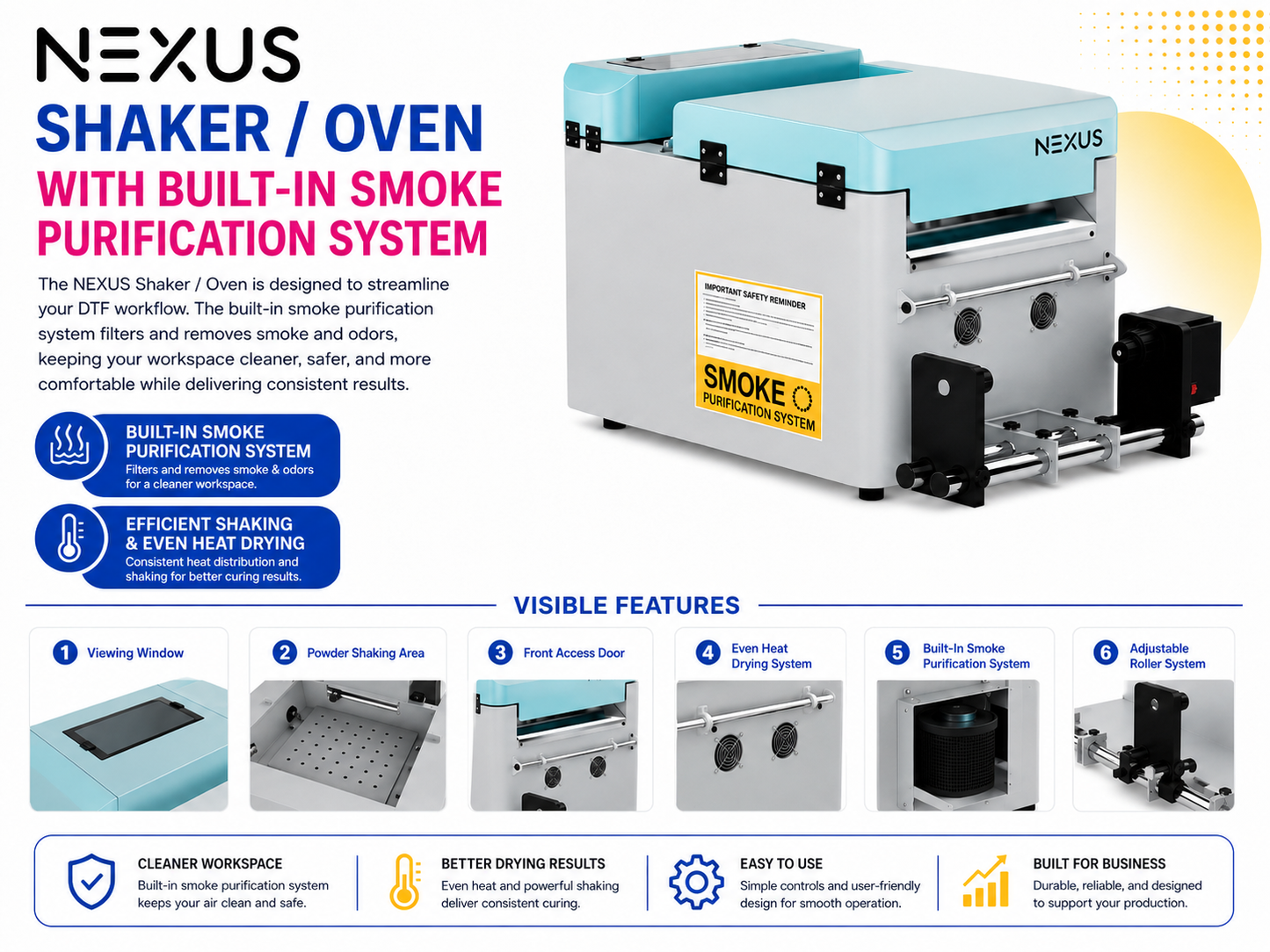 NEXUS DTF shaker and oven with built-in smoke purification system, powder shaking, even heat drying and adjustable rollers