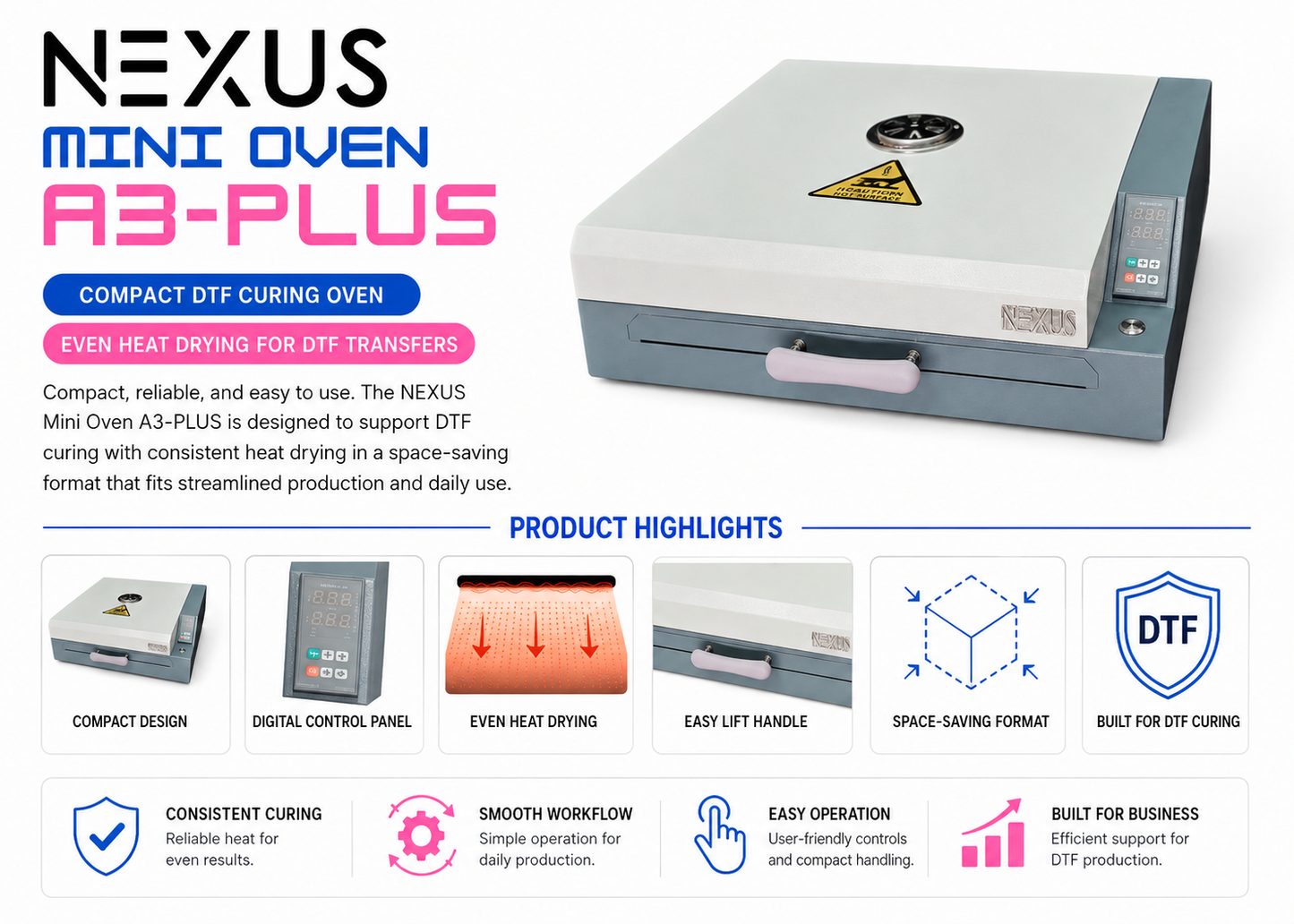 NEXUS Mini Oven A3-PLUS compact DTF curing oven with digital control panel and even heat drying