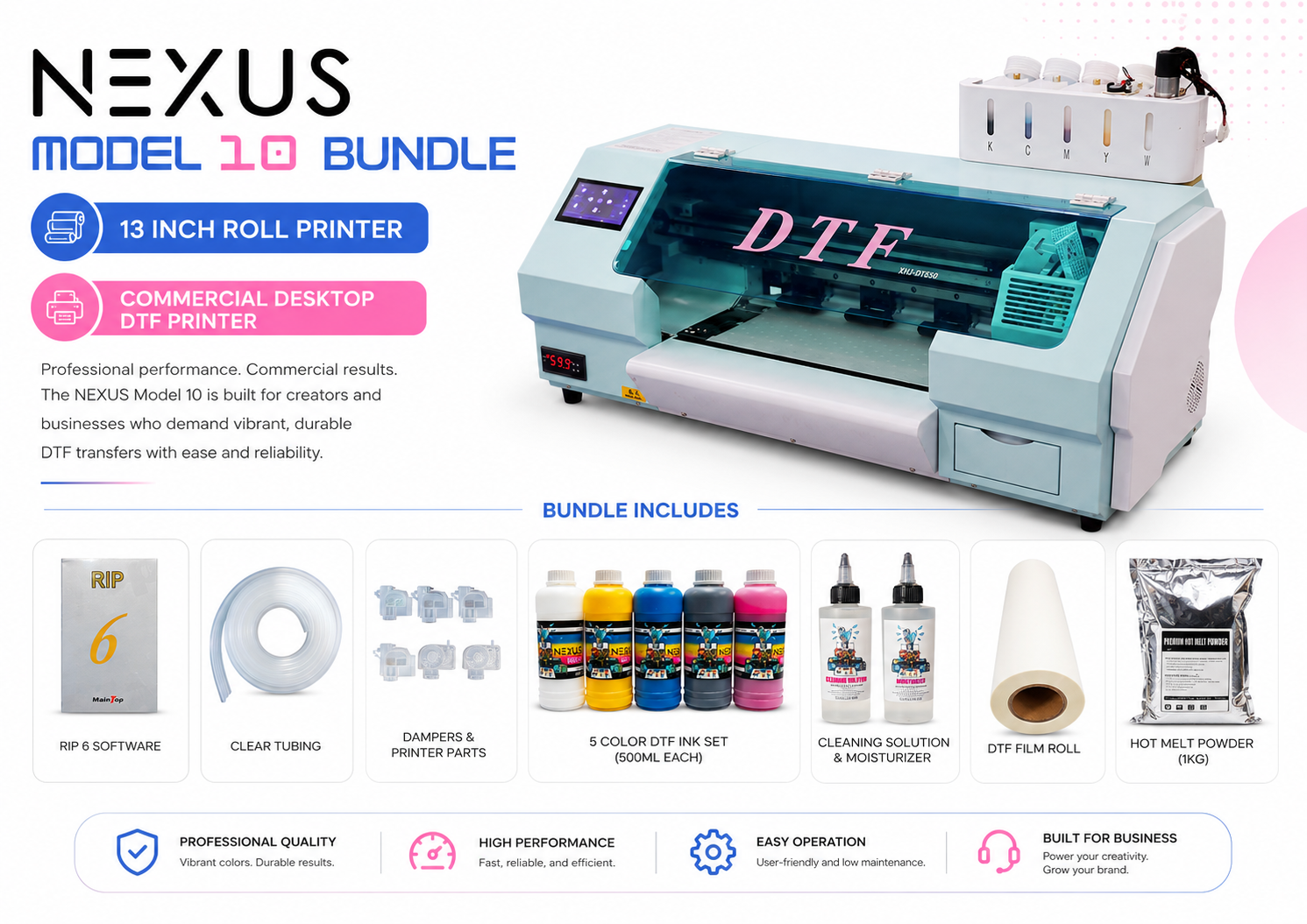 NEXUS Model 10 13-inch DTF printer bundle with CMYK and white ink, DTF film, powder, RIP software and maintenance supplies