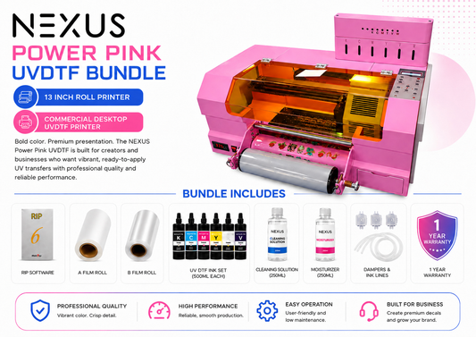 NEXUS Power Pink UVDTF 13-inch roll printer bundle with UV DTF ink, film, RIP software, cleaning solution and accessories
