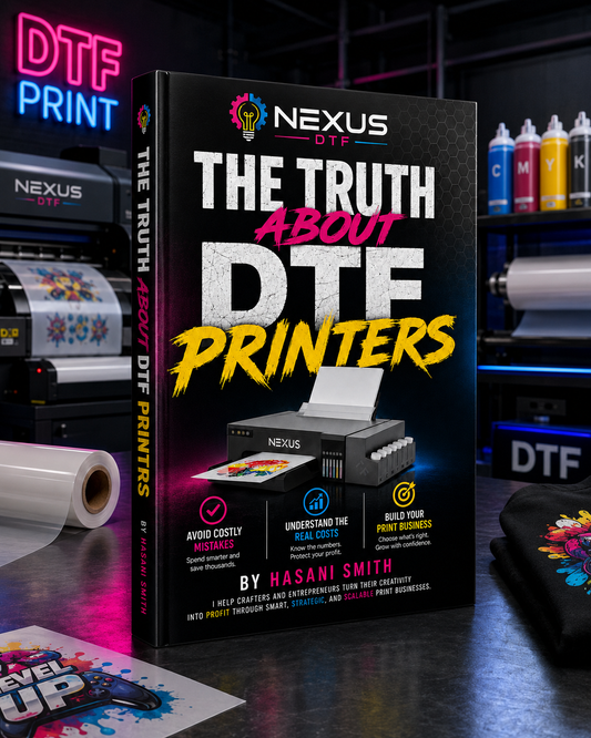 The Truth About DTF Printers book by Hasani Smith, a guide to DTF printing, printer setup, maintenance and business growth